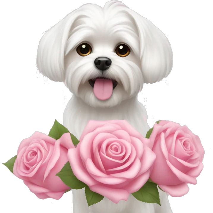  white maltese dog and pink roses  emoji