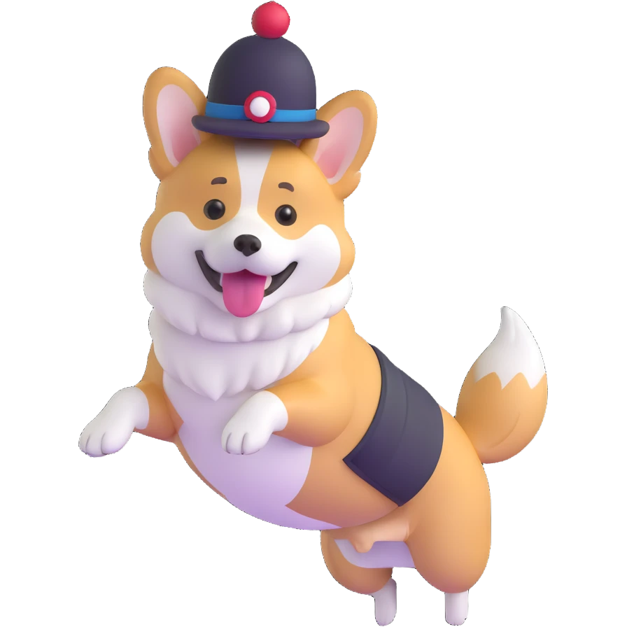 corgi dog jumping with a cute hat emoji
