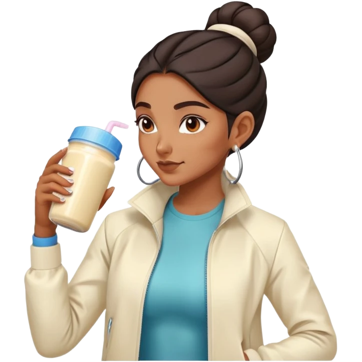 Indian girl with cream jacket drinking pre workout shake middle part slick back bun emoji