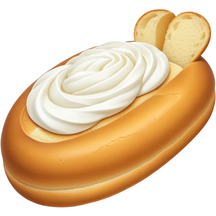 An oval-shaped, golden bun with a sugar-dusted top, filled with a smooth white cream. The bread looks soft and fluffy. emoji