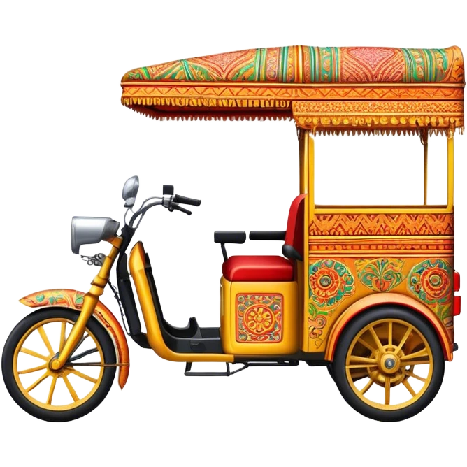 Cinematic Realistic Indian Auto Rickshaw Emoji, depicted as a colorful, bustling auto rickshaw with intricate designs and vibrant hues, rendered with lively textures and dynamic urban lighting that captures its quintessential presence in Indian cities. emoji