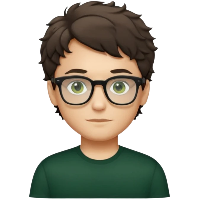 Garçon brun avec des cheveux ondulés courts, peu un peu claire, des yeux verts foncés, un t shirt noir et des lunettes rectangulaires transparentes emoji