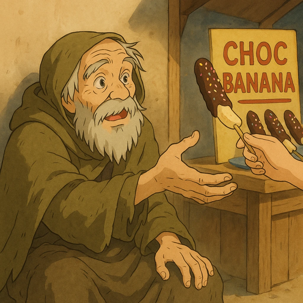 ghibli style illustration of a beggar reaching for a chocobanana, warm and expressive emoji