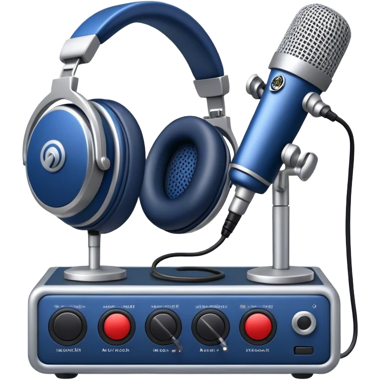 Create a sleek and professional emoji that represents voice acting and dubbing equipment. The design should feature a high-quality microphone, a sound mixer or audio interface, and headphones to symbolize the recording and technical process. Include elements like a soundproof booth or audio cables to reflect the studio environment. Use a modern, clean design with colors like silver, black, and dark blue to represent the professional side of voice acting. The background should be transparent. emoji