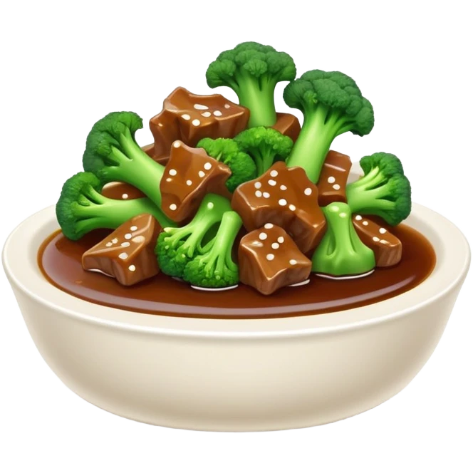 Beef with Broccoli in oyster sauce, simplified emoji style with bold outlines and bright colors, cartoon style stir fried Xi Lan Hua Niu Rou emoji