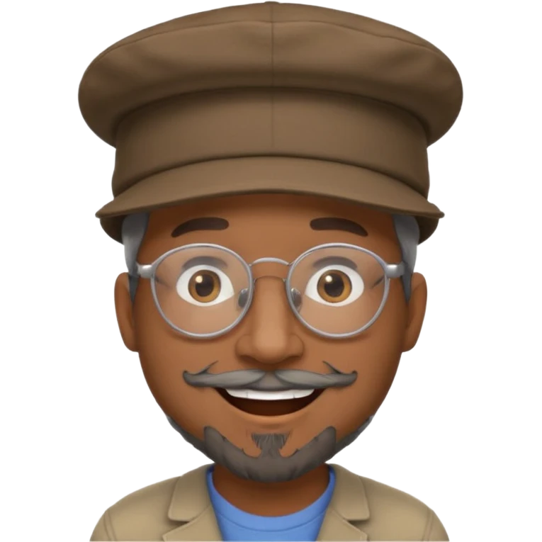 Brown man smiling no teeth showing with hat, clear glasses and gray goatee emoji