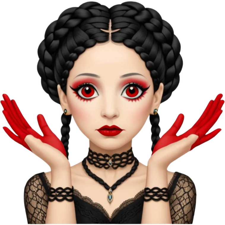 Lene Lovich as seen on the Stateless album cover with a typical symmetrical pose with her hands, lots of lace and braided hair emoji