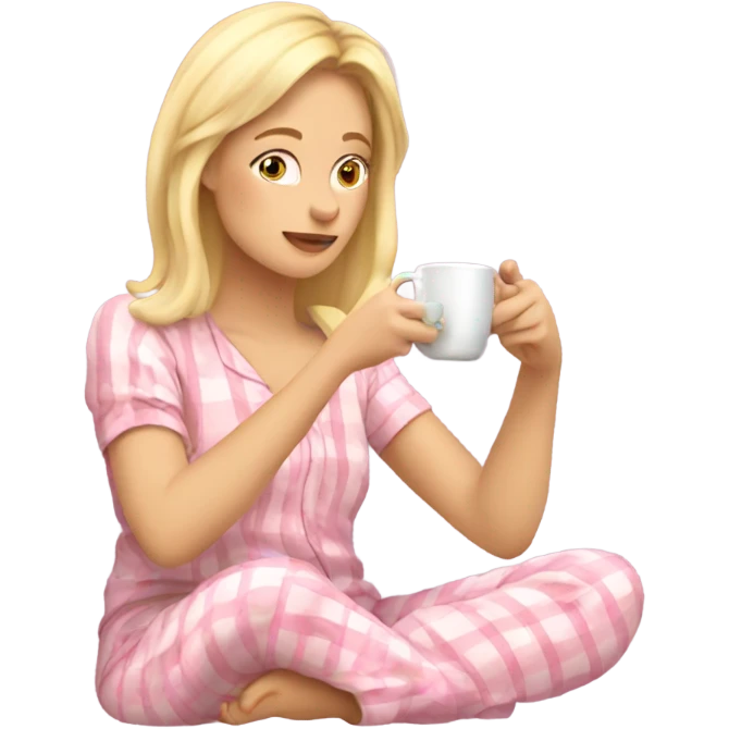 Blonde woman in pyjamas drinking tea scrolling on her phone emoji