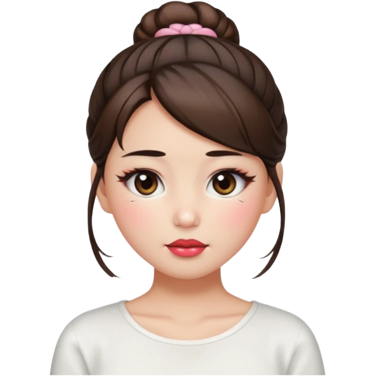 “japanese style Emoji brunette girl hair in bun white top, dewy skin, heavy blush across cheeks and nose bridge, glossy cherry lips, soft eyeliner, teary sparkling eyes emoji