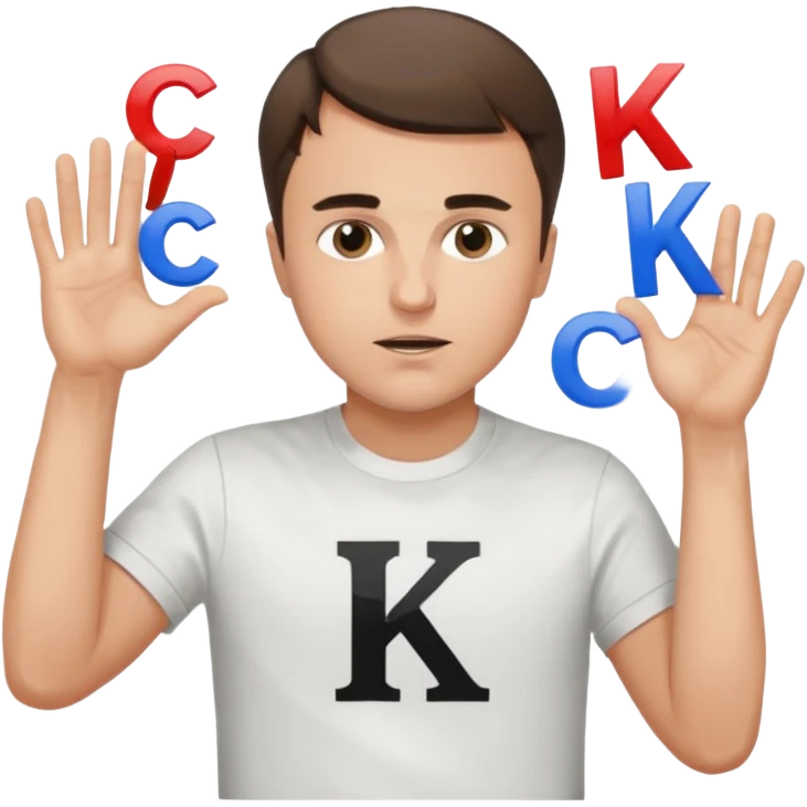 Charlie Kirk with a Charlie Chaplin mustache with a white freedom shirt while throwing up the letters c and k emoji