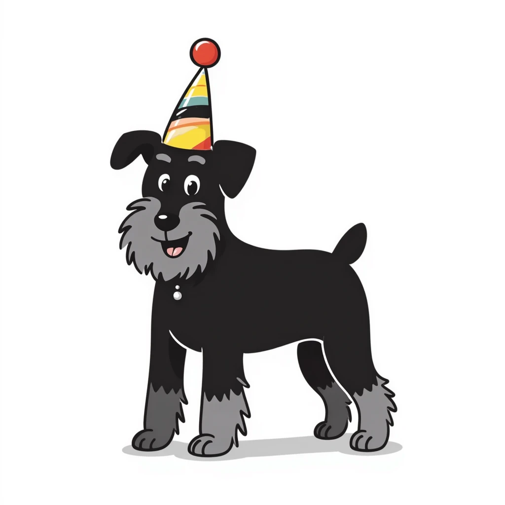 A schnauzer dog wearing a colorful birthday hat emoji