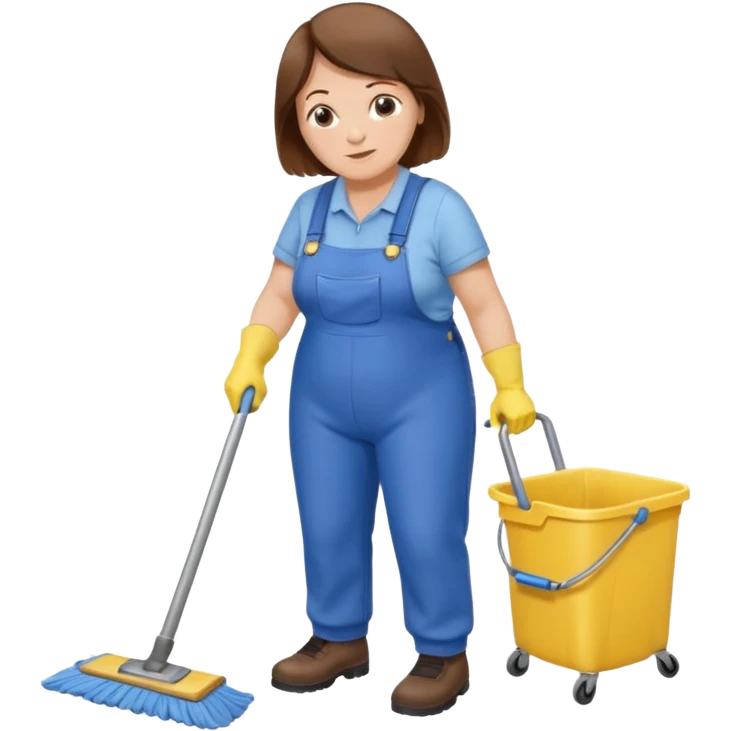 old and fat women, brown hair, Custodian with yellow rubber gloves, white T-shirt, blue overalls, mopping floor emoji