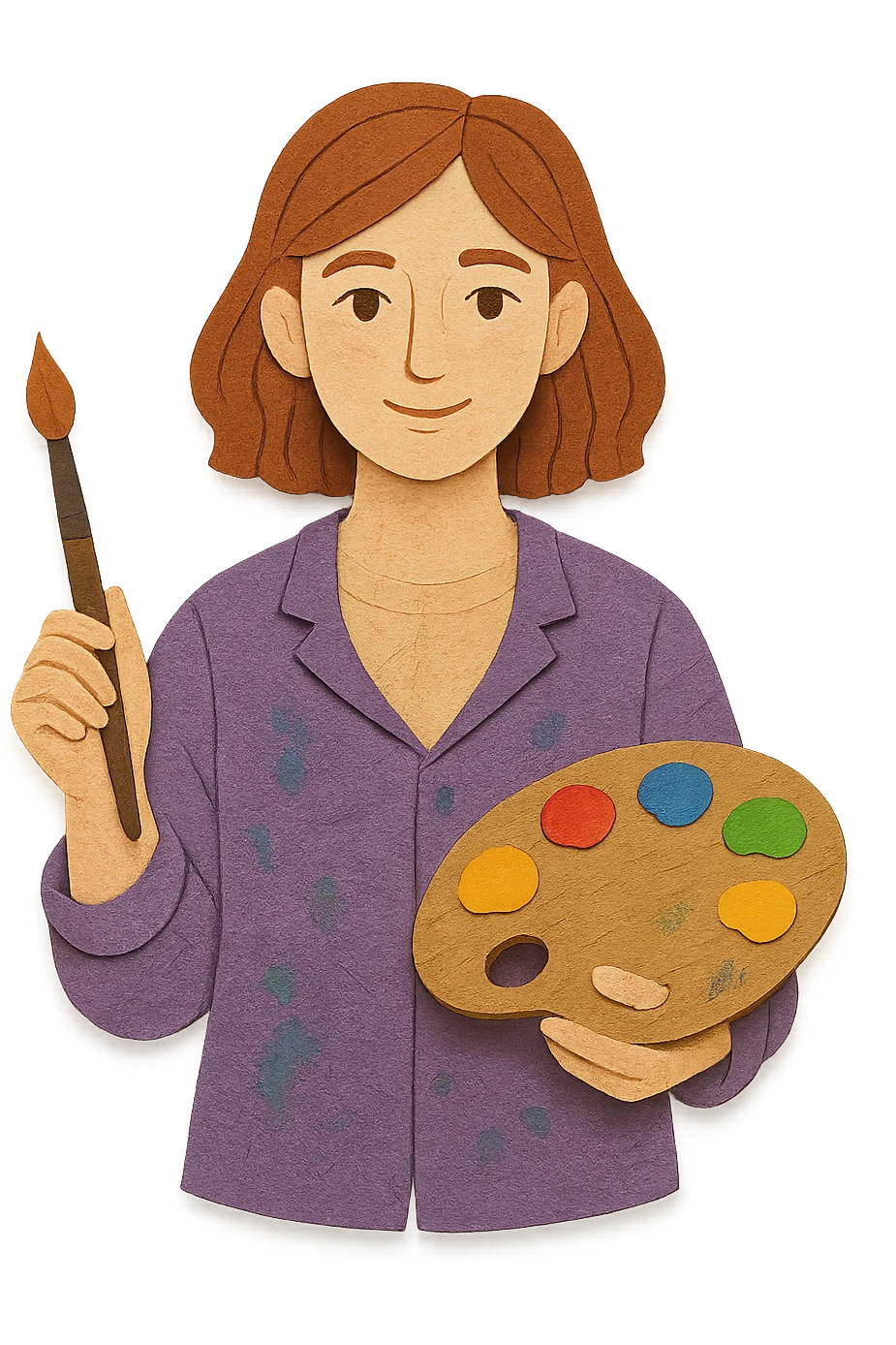 Serene female oil painter, Caucasian features, shoulder-length auburn hair, soft brown eyes, gentle smile, wearing a violet painter’s smock lightly stained with paint over a beige blouse, holding a wooden palette with vibrant colors in one hand and a brush in the other, waist-up, front-facing emoji