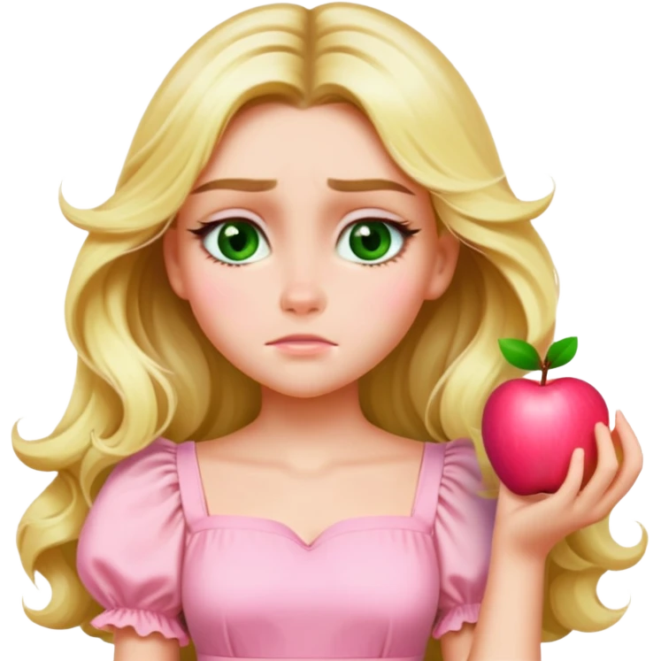 Create an emoji-style illustration of a blonde girl with long wavy hair, green eyes, and a pink pastel puff-sleeve dress, matching the Apple emoji style of the reference image. Keep her facial features, hairstyle, and outfit identical. Generate a joyful expression. emoji