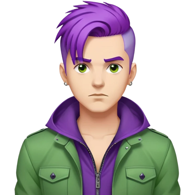 Man with stylish green jacket and purple hair, strong pose, bold expression, modern clothing style emoji