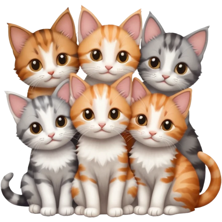 6 tiny kittens cuddling together all various different natural colours including grey and white, ginger and white, calico, grey, and brown tabby and white emoji