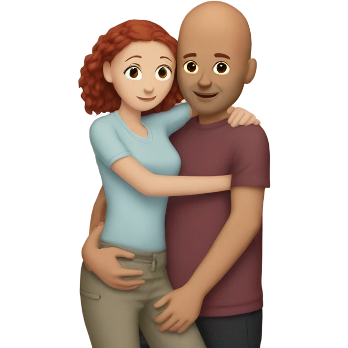 Bald guy with dark redhead girl hugging emoji