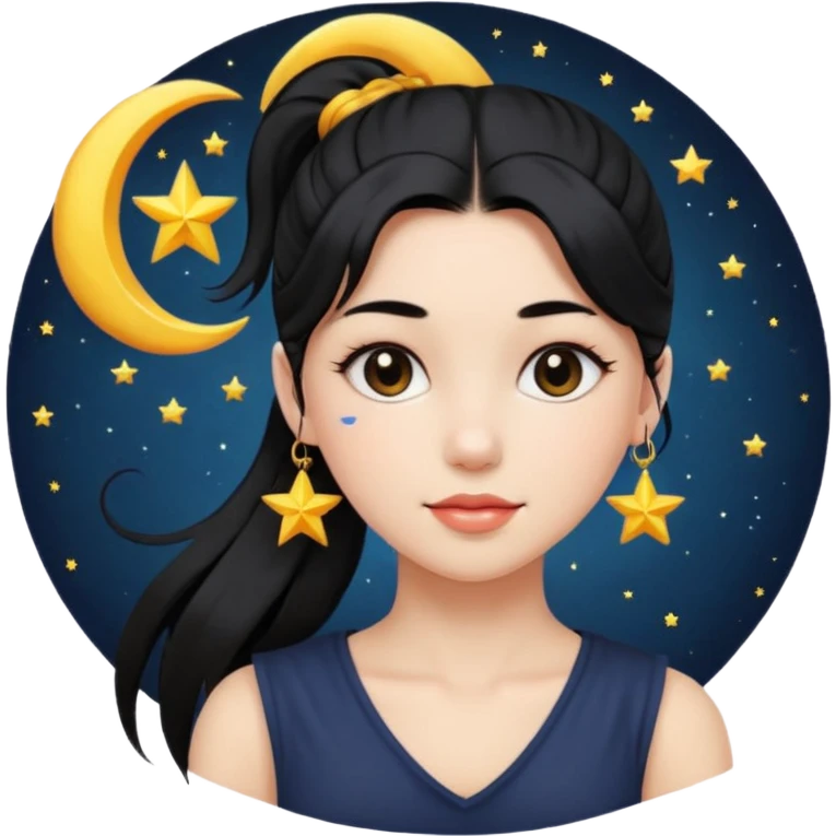 girl with black ponytail, sun, moon, star emoji