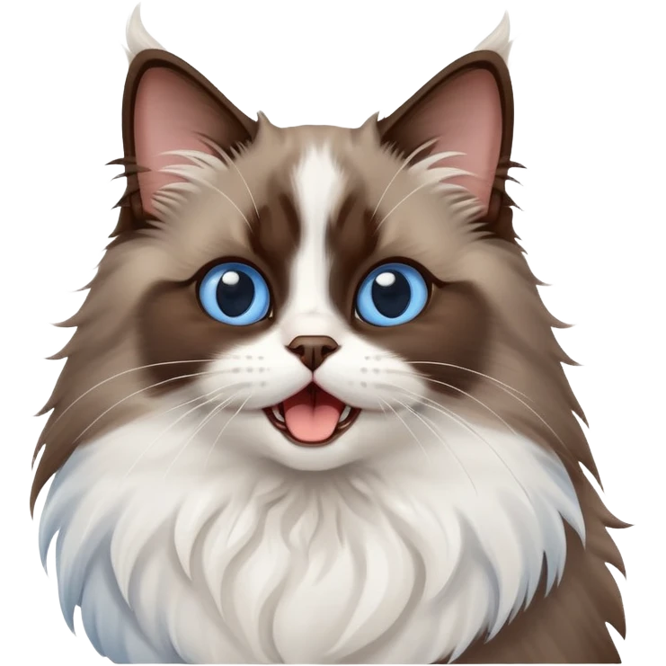cinematic-adorable-big-eyed-fluffy-dark brown and white ragdoll-cat-portrait-emoji,-head-tilted-playfully-with-a-cute,-yawn,-soft-brown-and white-colored-fur-with-darker-points-on-the-ears,-simplified-yet-irresistibly-cute-features, sparkling blue eyes emoji