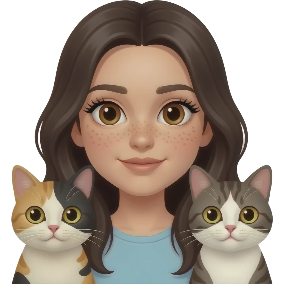 girl with brown eyes, a lot of freckles,pale skin, long full lashes and dark long hair with two cats emoji