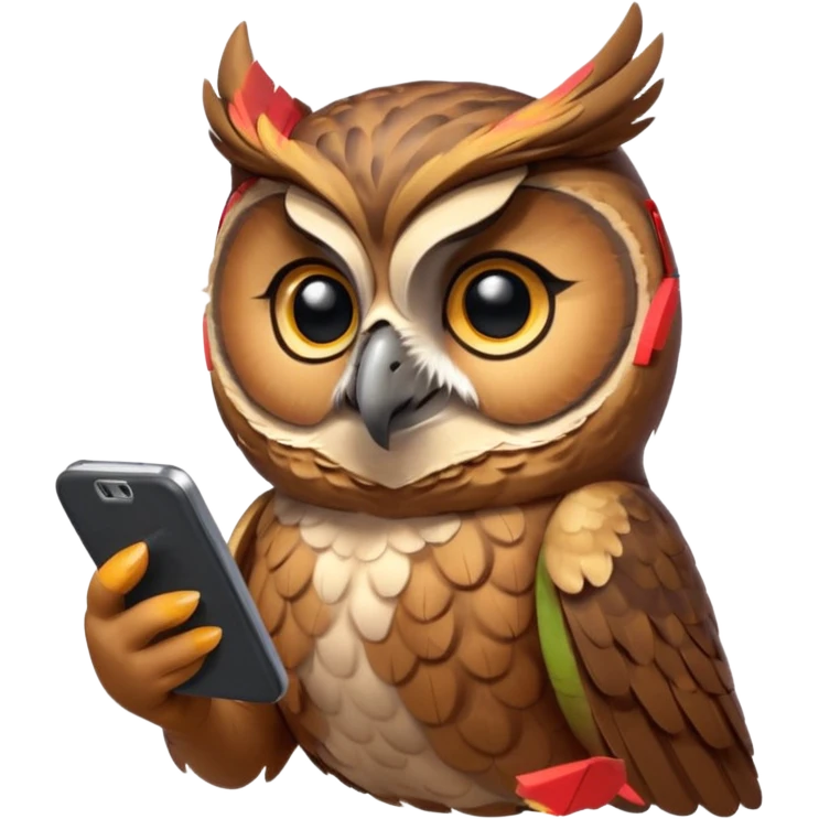 Сова  держит телефон крылом, внимательно слушает, блокнот под лапой  emoji