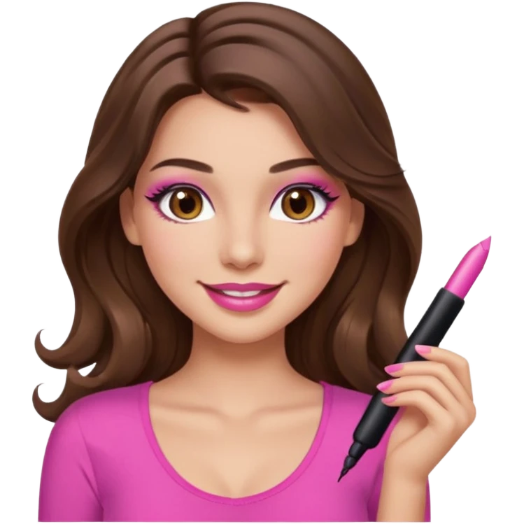 girl with long wavy brown hair, brown eyes, long lashes makeup, sexy pink lips, light to medium complexion, wearing a pink sexy top, smiling emoji