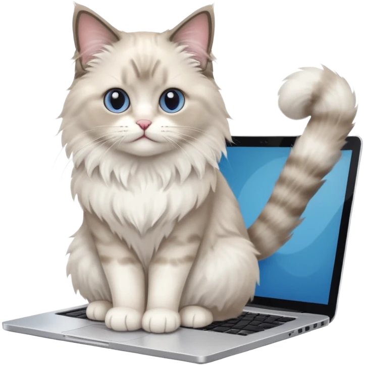Cute ragdoll cat on a laptop. Should sit on top of the laptop, cat is way bigger than the laptop. Could walk on the laptop or sit. I liked the first one but remove the blue on the cat, Please make the brown parts light grey emoji