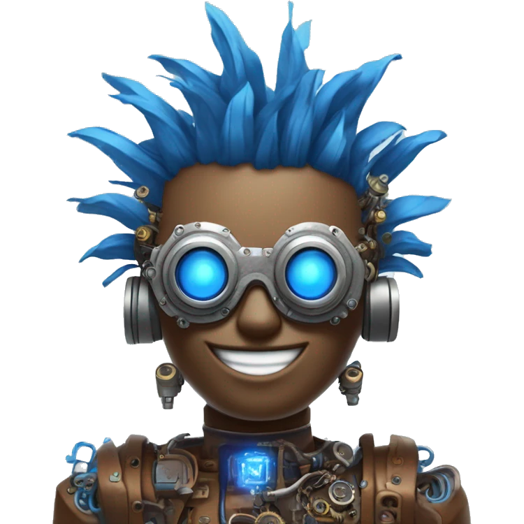 Brown cyborg head with blue Mohawk, blue beard, silver steampunk monocle goggles a smile and circuits emoji