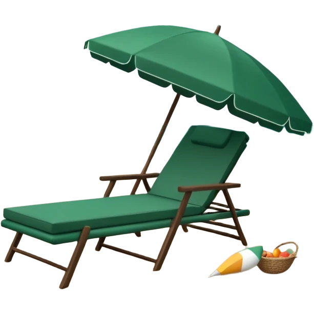 dark green lounge chair and fully white beach umbrella, minimalism, no emojis or faces emoji