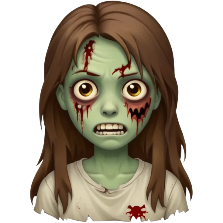 Girl zombie with brown long hair with teeth and serious face IOS style emoji