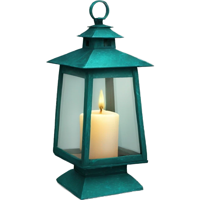 Realistic Single HD teal rustic lantern with glass and lit candle inside. emoji