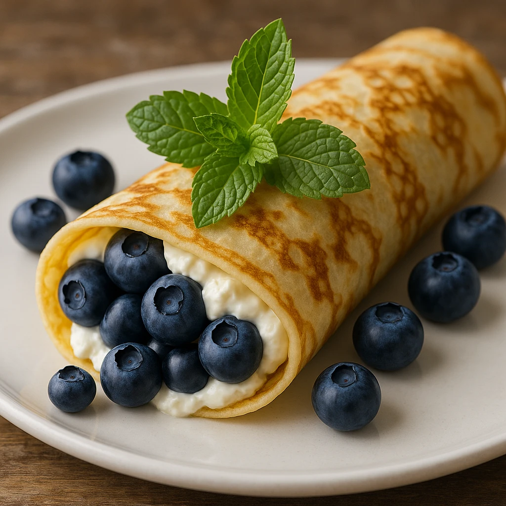 a French crepe filled with blueberries and cream cheese, rolled and topped with fresh mint, photorealistic emoji