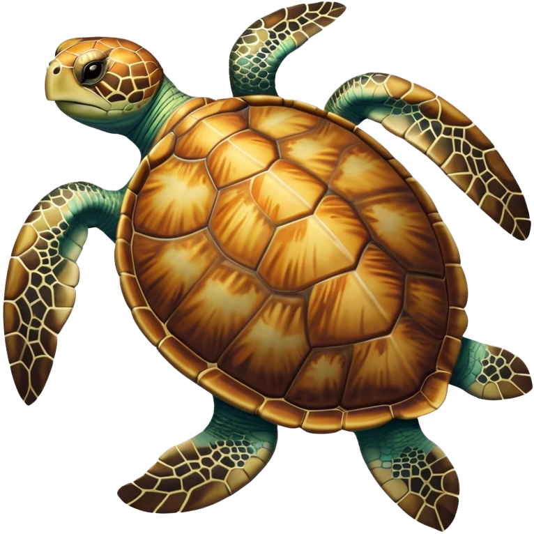 Cinematic Noble Sea Turtle Portrait Emoji, Poised and wise, with a majestic, domed shell adorned with rich, textured patterns and a smooth, ancient body gliding gracefully through the water, deep, reflective eyes exuding calm wisdom, Simplified yet sharp and sophisticated features, highly detailed, glowing with a soft, oceanic glow, high shine, intelligent and graceful, stylized with an air of timeless marine majesty, focused and serene, soft glowing outline, capturing the essence of a watchful and confident sea guardian that appears ready to glide out of the screen with effortless authority! emoji