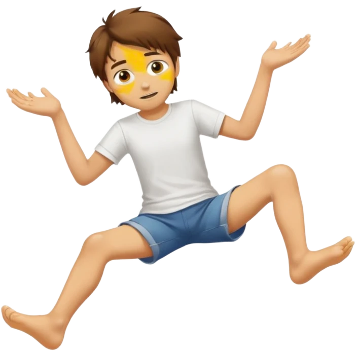 barefooted boy with messy brown hair and yellow skin spreading his legs emoji
