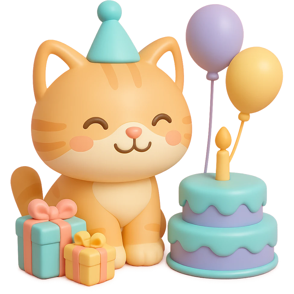 ginger tabby kitten sitting next to a stack of gifts, wearing a party hat, birthday cake and balloons around, cheerful emoji