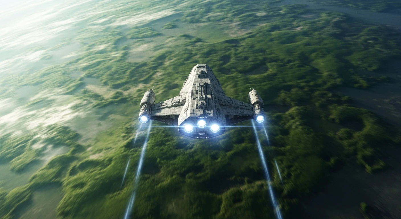 cinematic still, motion blur shutter speed, establishing shot, shot from top, green planet,  starship coming to planet, inspired by StarWars movie, captured by arri alexa  emoji
