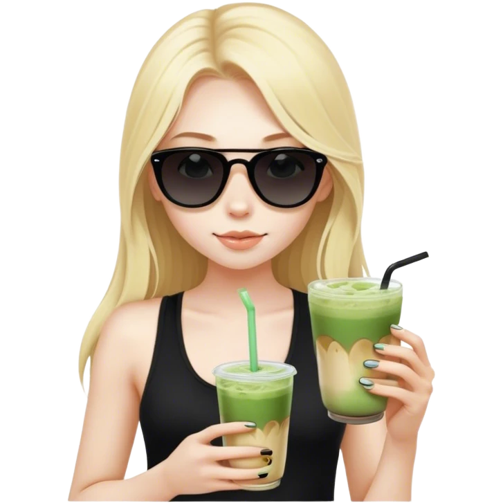 Blonde girl with pale skin and long hair with black sunglasses in black tank top and iced matcha latte emoji