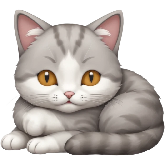 grey and white small cat with its eyes closed lying down with his head leaning on his paw emoji