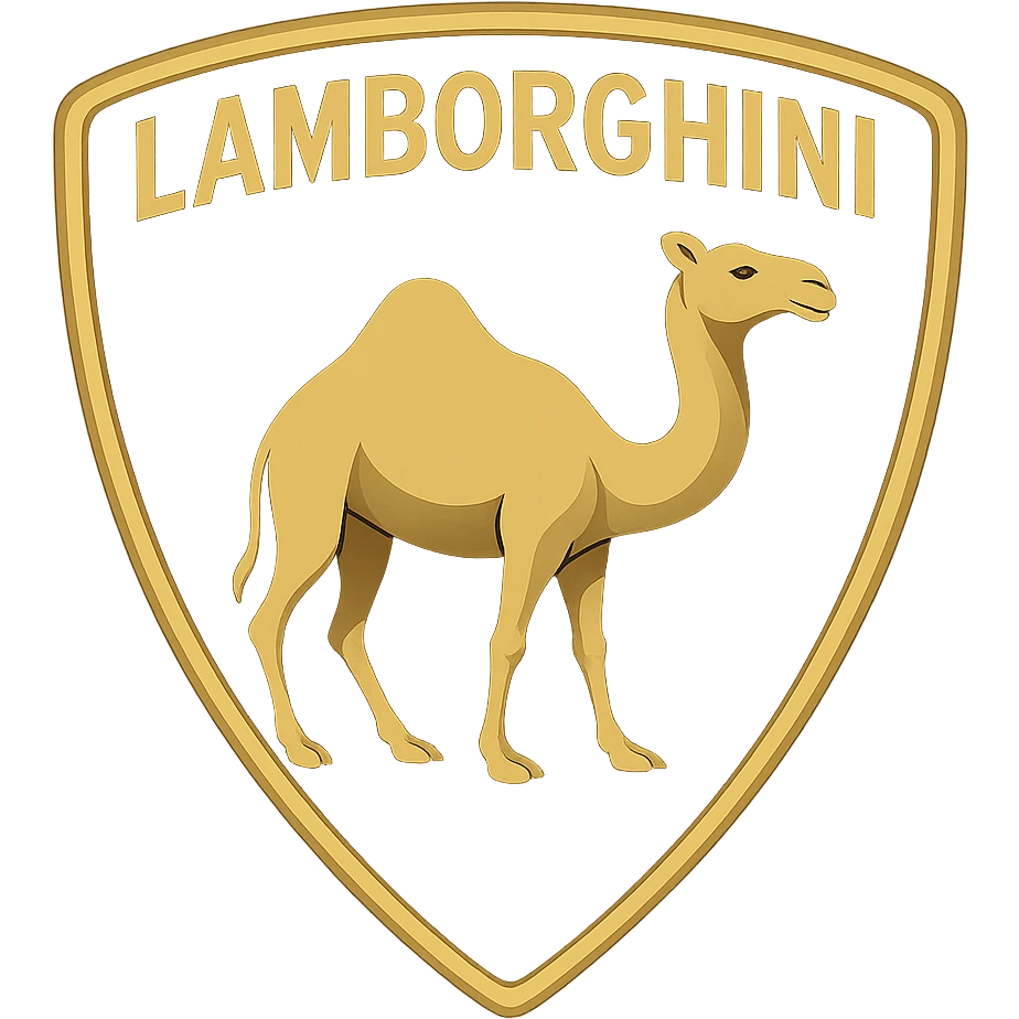 luxury car badge style Lamborghini logo with a shield shape, gold and black colors, featuring a bold and elegant dromedary camel instead of the bull emoji