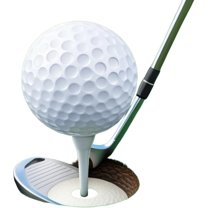 A golf ball on a tee, with a golf club placed beside it on the lush green fairway. The background shows a serene golf course with neatly trimmed grass and a clear blue sky, emphasizing the elegance and precision of the game. emoji