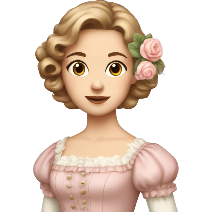 Girl with light brown hair in a regency style light pink dress with flower pattern regency hairstyle  emoji