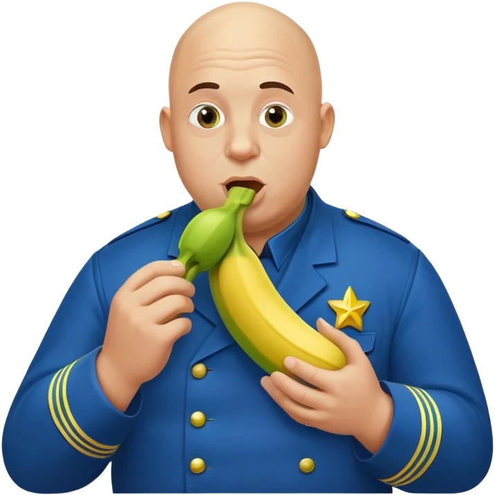 bald a bit fat man in a blue uniform eats a toxic green banana that radiates emoji