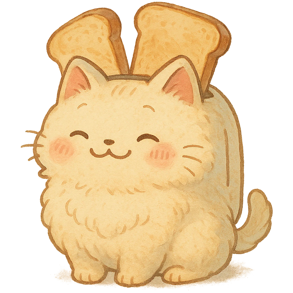 chibi toaster as a soft, fluffy cat, smiling sweetly with two toast slices popping out, pastel tones, full-body emoji