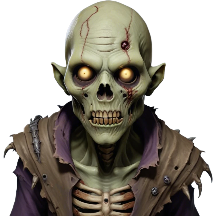 Cinematic Realistic WoW undead friendly zombie Portrait, head tilted epicly and inquisitively, showcasing grim resilience and defiant strength. His withered, pallid skin and intense, glowing eyes contrast starkly with his worn, earth-toned clothes, rendered in meticulous detail. With dynamic, high-contrast lighting and high shine, this portrait exudes an epic aura, capturing the relentless will of a battle-hardened undead friendly zombie. emoji