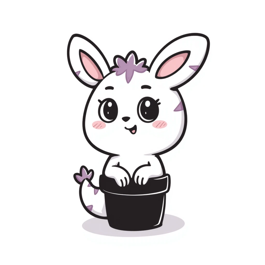 Kawaii bunny plant dragon in Samriel style, tiny spikes, extremely cute, exaggerated proportions, huge sparkly eyes, soft rounded shapes, blushing cheeks, pastel colors with pink and purple tones, delicate linework, small mouth, adorable expression, slightly sketchy lines but clean overall look emoji