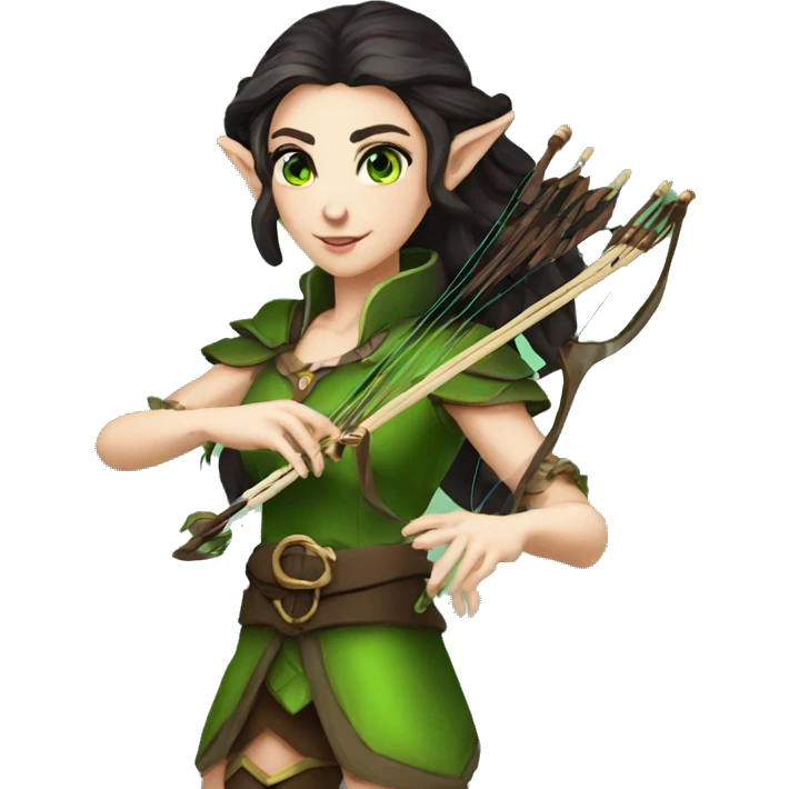 Female elf bard with dark hair green eyes elf bard drum crossbow magic emoji