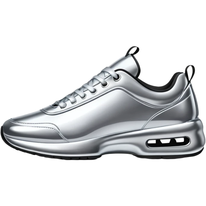 A pair of futuristic sneakers emoji made of silver chrome, sleek streetwear design, smooth metallic panels, subtle reflections, luxury swag aesthetic, iOS emoji style, centered, clean white background emoji