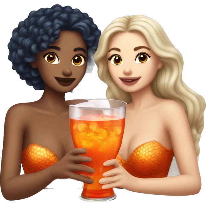 Three beautiful mermaids (light skin) drinking aperol emoji