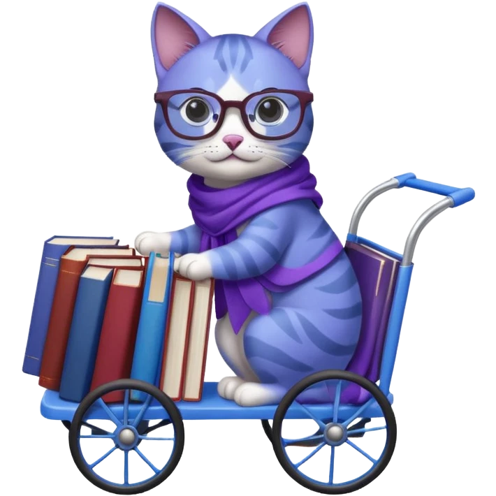Purple and blue cat, with glasses and a shawl, pushing a 4 wheeled cart full of books emoji