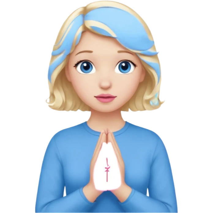 Girl Blonde short wavy hair,  blue eyes, cute blue top, long lashes, pink lips, praying hands emoji